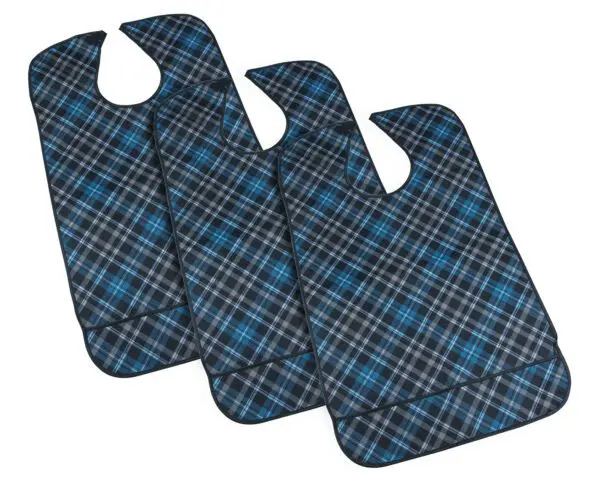 Three Adult Dining Bibs with Crumb Catcher in blue and black check are laid out side by side on a white background.