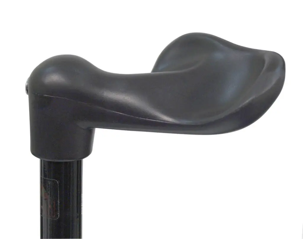 The Palm Grip Ergonomic Handled Walking Stick - Left Hand features a black ergonomic handle for user comfort and support, attached to a vertical walking stick.
