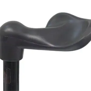 The Palm Grip Ergonomic Handled Walking Stick - Left Hand features a black ergonomic handle for user comfort and support, attached to a vertical walking stick.