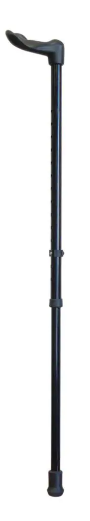 A Palm Grip Ergonomic Handled Walking Stick for the right hand, in black, featuring an adjustable height, contoured handle, and rubber tip, is standing upright against a white background.