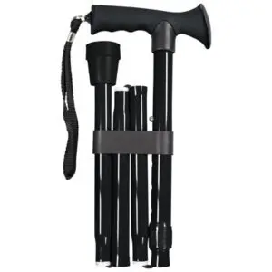 Collapsible black walking stick with ergonomic handle, wrist strap, and four folded segments held together by a band.