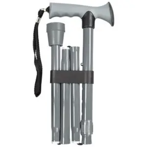A grey, foldable walking stick with a curved handle and wrist strap, shown collapsed and secured with a black band.