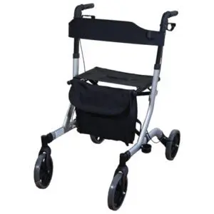 A lightweight, four-wheeled rollator walker with a built-in seat, storage pouch, and hand brakes.
