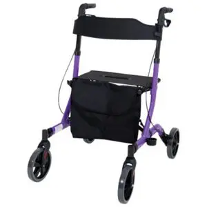A purple four-wheeled rollator walker with a black seat, backrest, storage bag, and hand brakes.