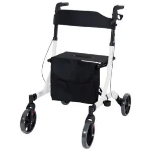 A four-wheeled mobility walking frame with a seat, black storage bag, and hand brakes, designed to assist walking.