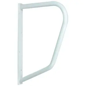 A white metal grab rail is mounted vertically to a wall, featuring a curved design with a flat base plate and multiple screw holes for installation.