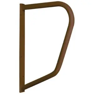 A brown metal wall-mounted folding safety grab rail shown in the upright position against a white background.