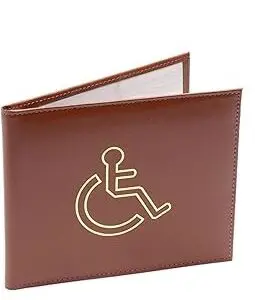 Brown leather wallet with a gold outline of a wheelchair accessibility symbol on the front.