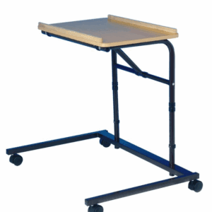 The Over Chair Table features a wooden top, black metal frame, and four castor wheels for easy mobility.
