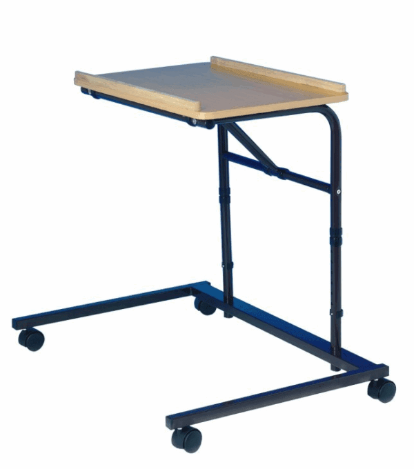 The Over Chair Table features a wooden top, black metal frame, and four castor wheels for easy mobility.