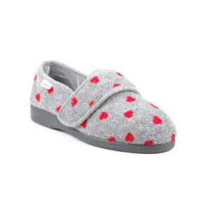 A grey slipper with a hook-and-loop strap, decorated with red heart patterns, against a white background.