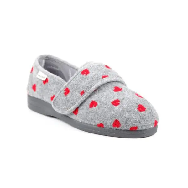 A grey slipper with a hook-and-loop strap, decorated with red heart patterns, against a white background.