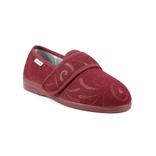 Single maroon orthopaedic shoe with a textured mesh surface and adjustable Velcro strap, displayed on a white background.