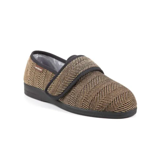 A brown and tan herringbone-patterned slipper with a black sole and a hook-and-loop strap fastening, photographed on a white background.