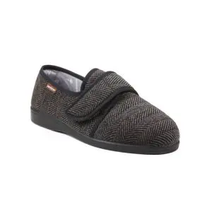 A single black and grey herringbone slipper with a Velcro strap and black sole, displayed on a white background.