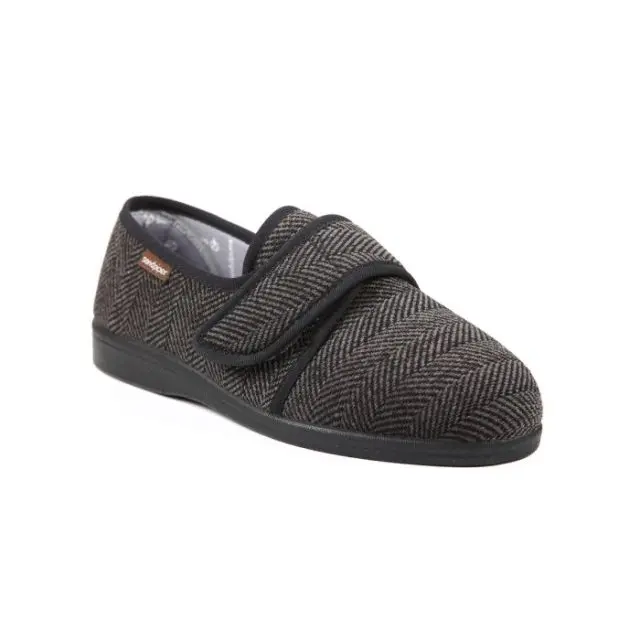 A single black and grey herringbone slipper with a Velcro strap and black sole, displayed on a white background.