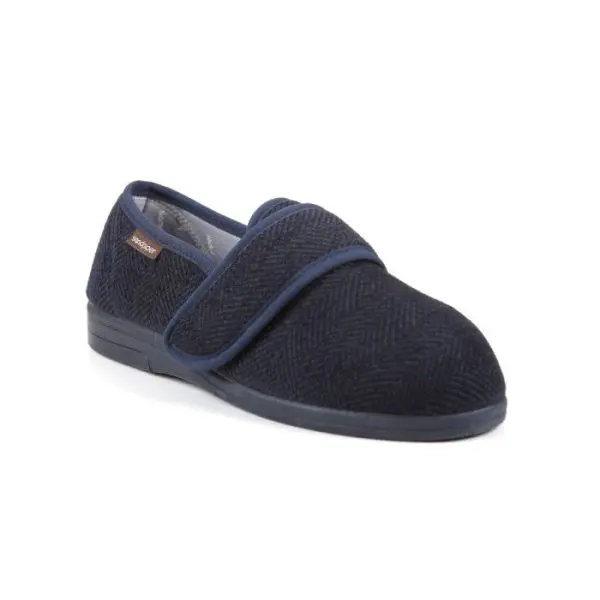 A single dark blue slipper with a textured fabric and a wide hook-and-loop strap fastening, displayed on a white background.