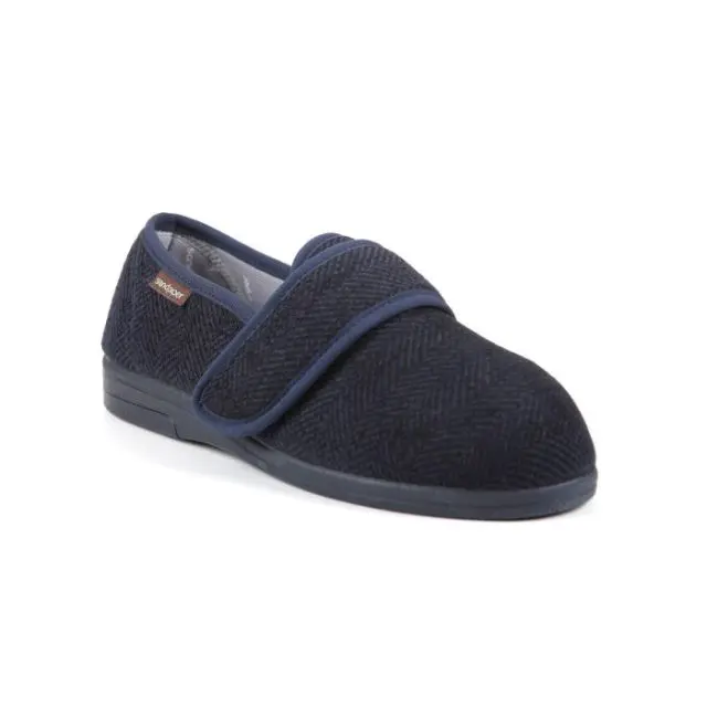 A single dark blue slipper with a textured fabric and a wide hook-and-loop strap fastening, displayed on a white background.