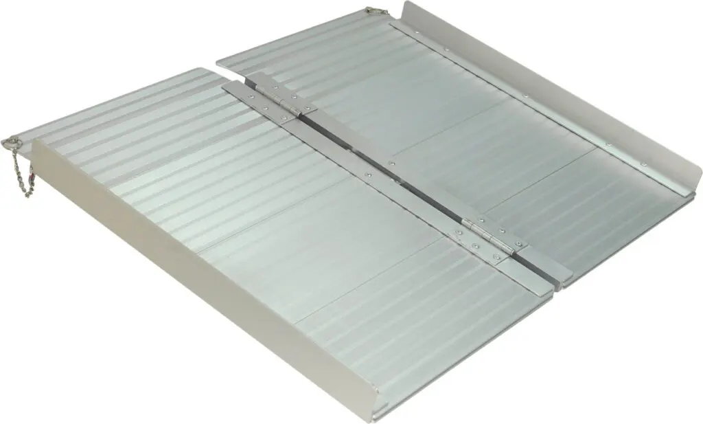 The Lightweight Suitcase Ramp - 610 mm (2 ft) is a foldable metallic wheelchair ramp with a ridged surface and side rails, shown partially unfolded.