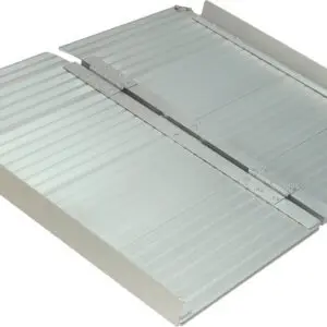 The Lightweight Suitcase Ramp - 610 mm (2 ft) is a foldable metallic wheelchair ramp with a ridged surface and side rails, shown partially unfolded.