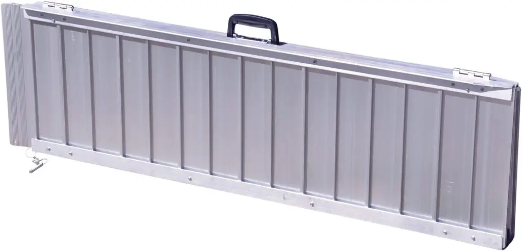 The Lightweight Suitcase Ramp - 910 mm (3 ft) is a folded, rectangular aluminium ramp featuring a black top handle and a side key lock.