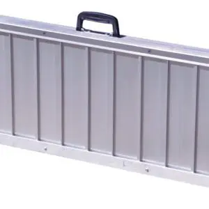 The Lightweight Suitcase Ramp - 910 mm (3 ft) is a folded, rectangular aluminium ramp featuring a black top handle and a side key lock.