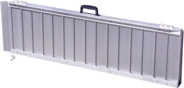 The Lightweight Suitcase Ramp -1520 mm (5 ft) is a folded silver aluminium ramp with a top black handle and end locking pin, designed for easy transport and storage.