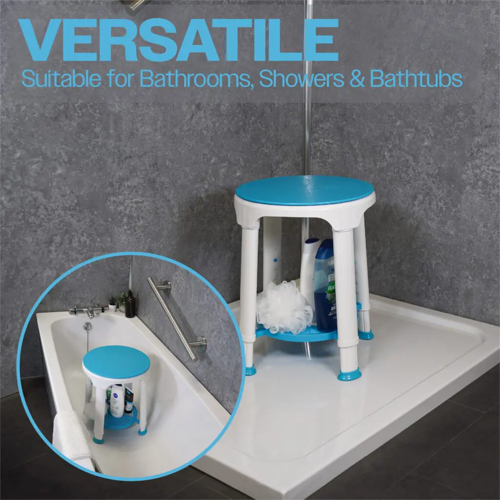 A blue and white shower stool is shown in use on a shower floor and in a bath, demonstrating its versatility for different bathroom settings.