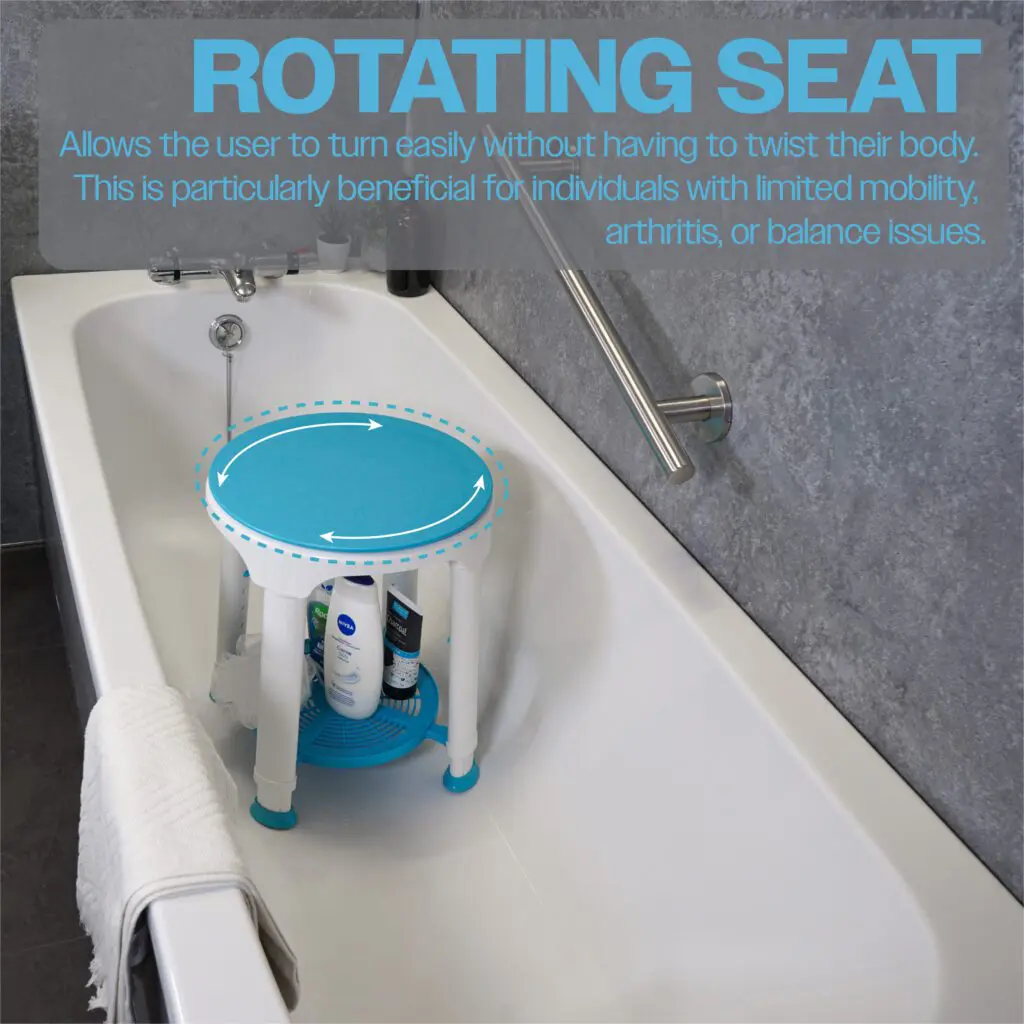 A blue and white rotating seat is placed in a bath, with text describing its benefits for users with limited mobility, arthritis, or balance issues.
