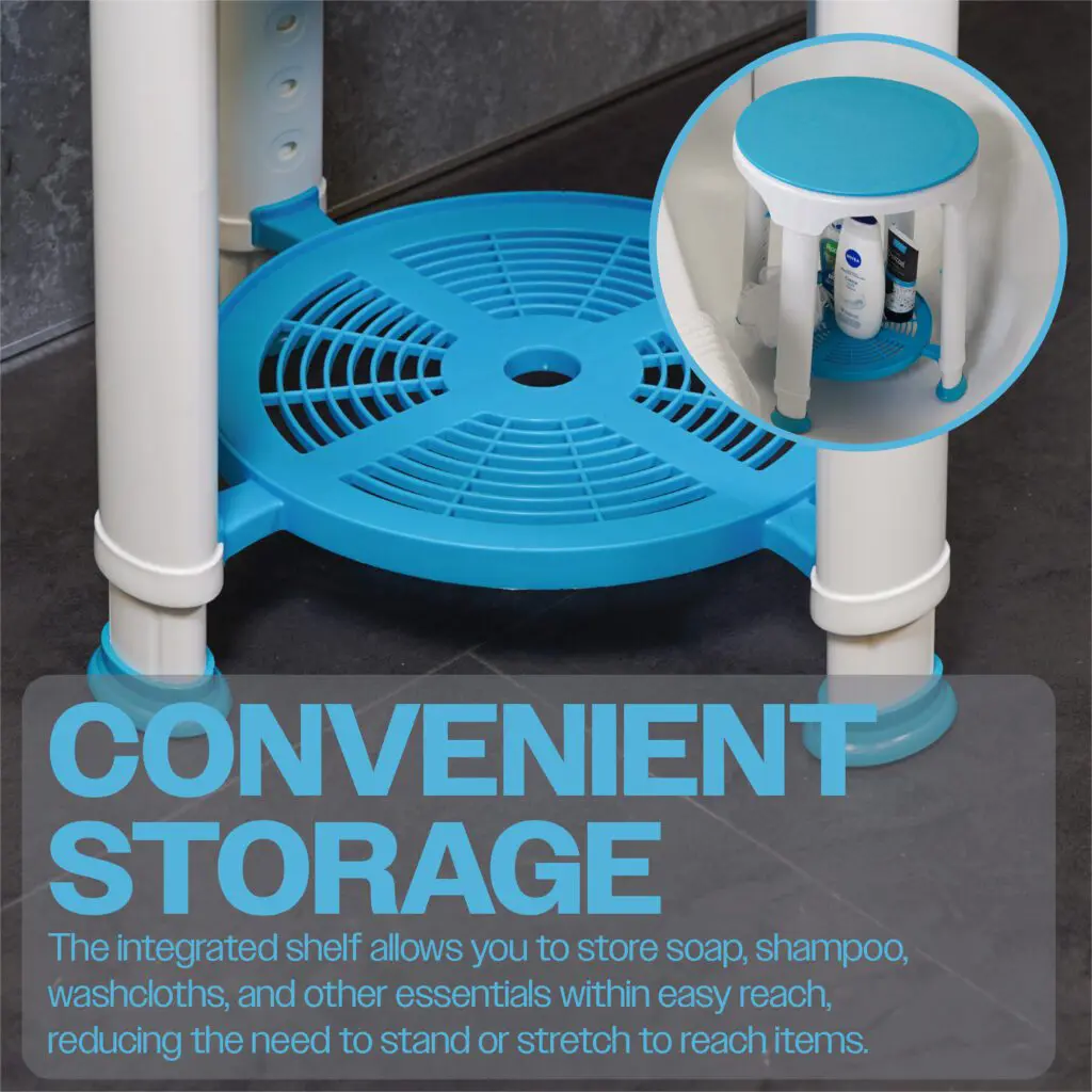 Close-up of a blue plastic shower shelf attached to white legs, holding bottles and flannels, with the text “Convenient Storage” and a description about easy access to bath essentials.