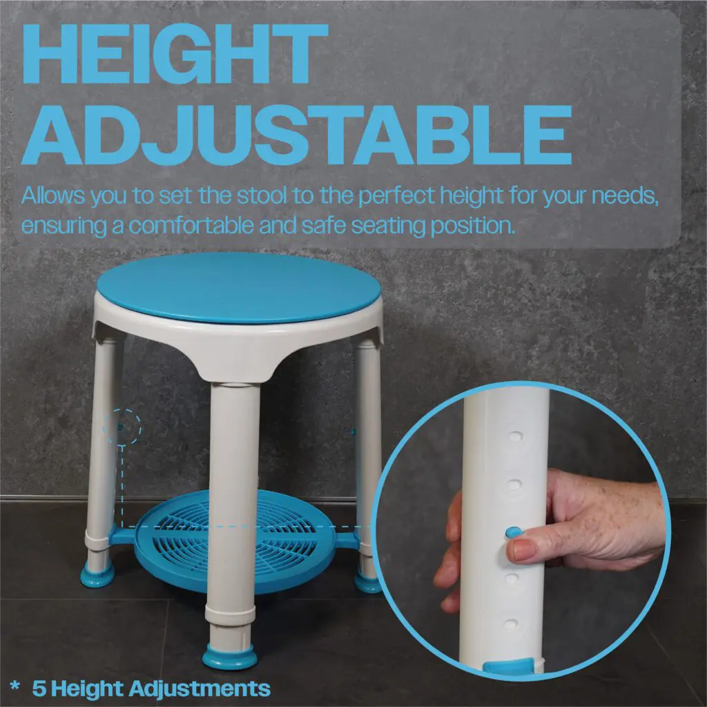 White and blue adjustable stool with a user demonstrating height adjustment by pressing a button on the leg; text highlights 5 height settings and safety features.