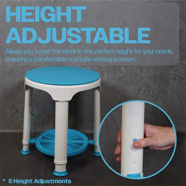 White and blue adjustable stool with a user demonstrating height adjustment by pressing a button on the leg; text highlights 5 height settings and safety features.
