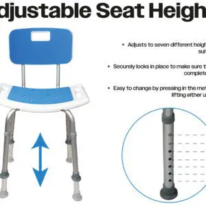 The Shower Chair with Padded Seat and Backrest features a blue and white design, labelled seat height options, and instructions for adjusting height by pressing a metal pin and lifting the seat.