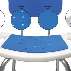 Close-up of the Shower Chair with Padded Seat and Backrest, featuring integral handles, a perforated blue seat for drainage, and a shower head holder highlighted in circular insets.