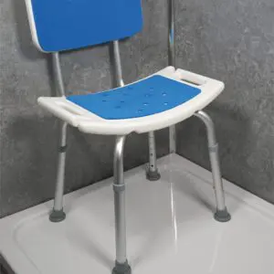 The Shower Chair with Padded Seat and Backrest features metal legs, water resistance, lightweight design, slip resistance, and adjustable height—all in blue and white for safe, comfortable use in the shower.
