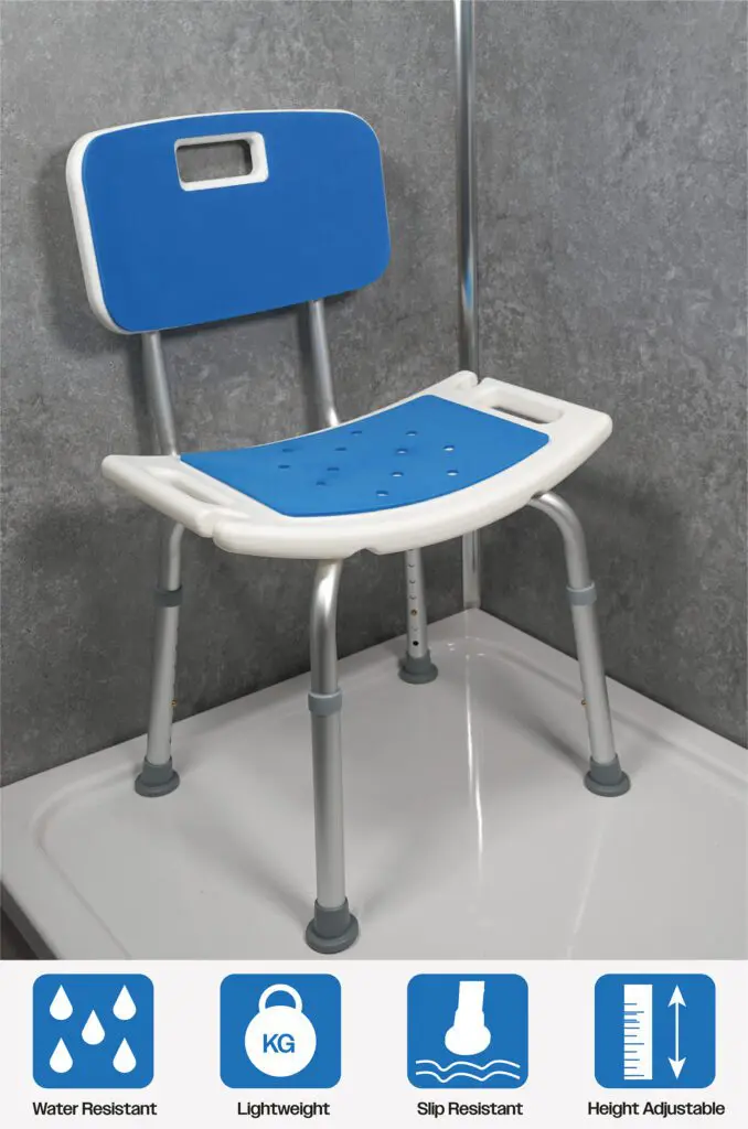 The Shower Chair with Padded Seat and Backrest features metal legs, water resistance, lightweight design, slip resistance, and adjustable height—all in blue and white for safe, comfortable use in the shower.