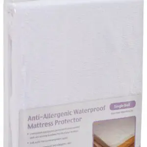The packaged Anti-Allergenic Waterproof Mattress Protector King Size by Aidapt is shown hanging, with product details clearly visible on the front.