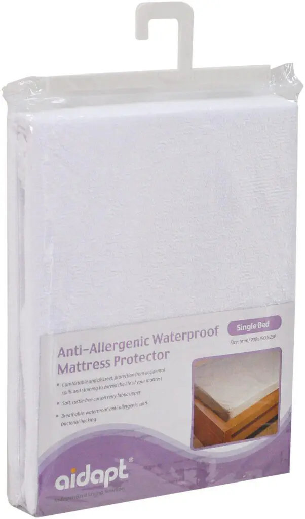 The packaged Anti-Allergenic Waterproof Mattress Protector King Size by Aidapt is shown hanging, with product details clearly visible on the front.