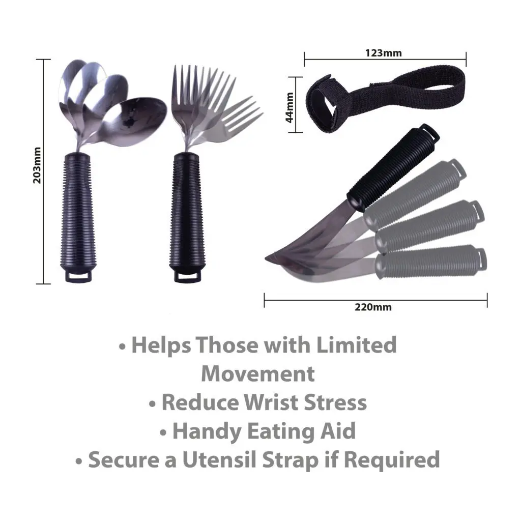 The Bendable Cutlery Set (6 piece) features large ribbed handles, a utensil strap, and a flexible eating aid to support users with limited movement and minimise wrist strain.
