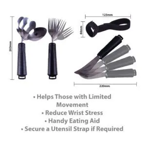 The Bendable Cutlery Set (6 piece) features large ribbed handles, a utensil strap, and a flexible eating aid to support users with limited movement and minimise wrist strain.