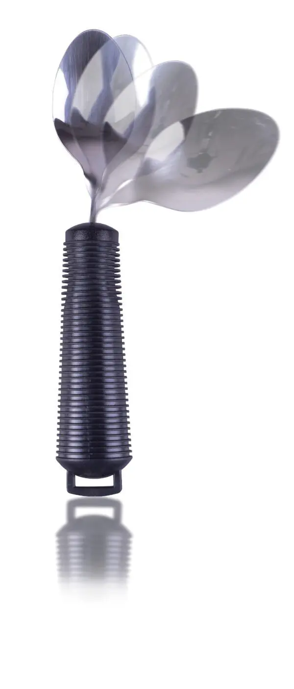 A Bendable Cutlery Set (6 piece) with black handles is shown on a white background, featuring one utensil's metal head in three positions to illustrate its rotating or swinging motion.