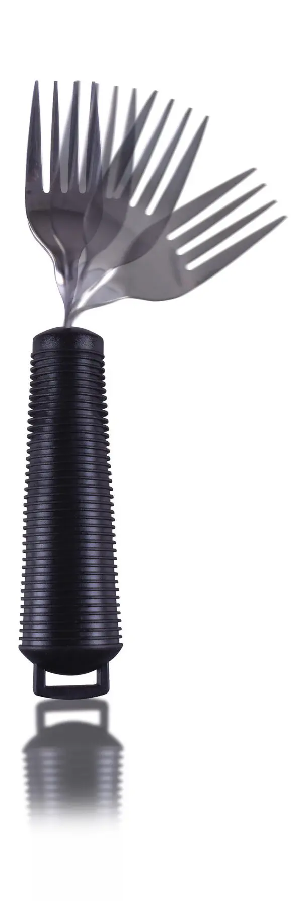 A Bendable Cutlery Set (6 piece) displayed with one utensil in focus and a blurred motion trail of another, set against a white background with a reflection below.