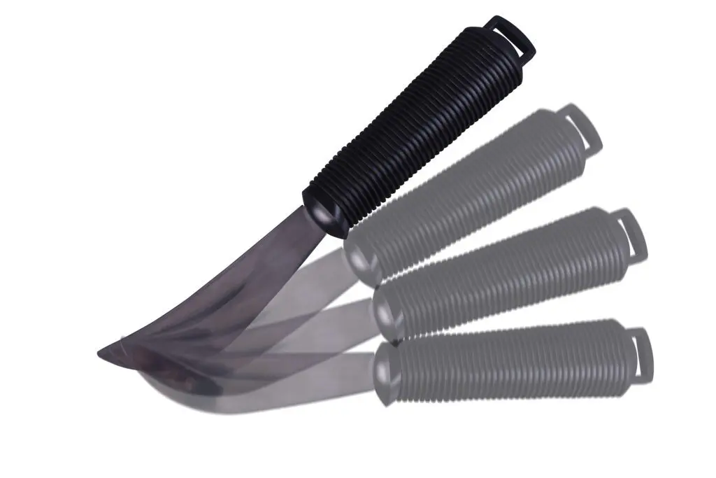 The Bendable Cutlery Set (6 piece) features a black-handled knife displayed in four positions, demonstrating its swinging or chopping motion.