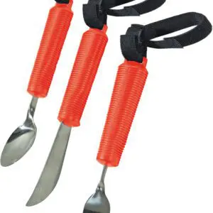 Bendable Cutlery Set (6 piece) - Red: Includes spoon, knife, and fork with stainless steel heads, plus red ribbed handles and black hand strap loops.