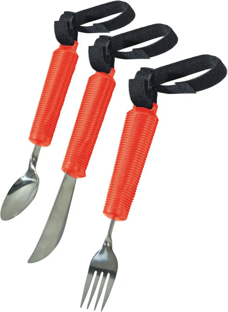 Bendable Cutlery Set (6 piece) - Red: Includes spoon, knife, and fork with stainless steel heads, plus red ribbed handles and black hand strap loops.