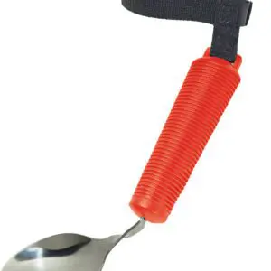 The Bendable Cutlery Set (6 piece) - Red features a spoon with a red ribbed handle and black adjustable strap for improved grip and control.
