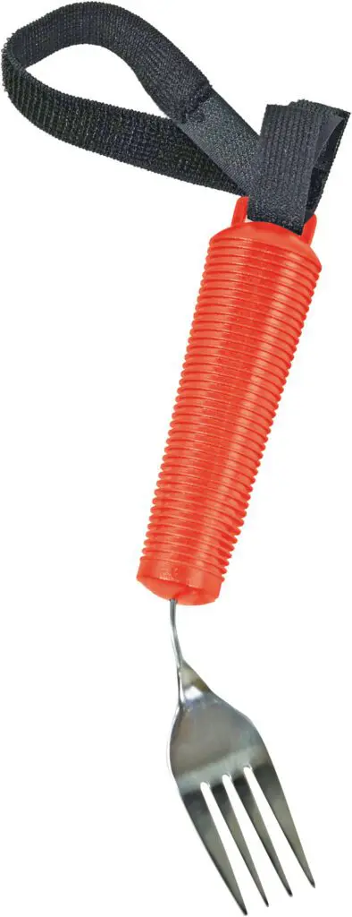A fork from the Bendable Cutlery Set (6 piece) - Red, featuring a metal head, a red ribbed handle, and a black adjustable strap attached to the handle’s end.