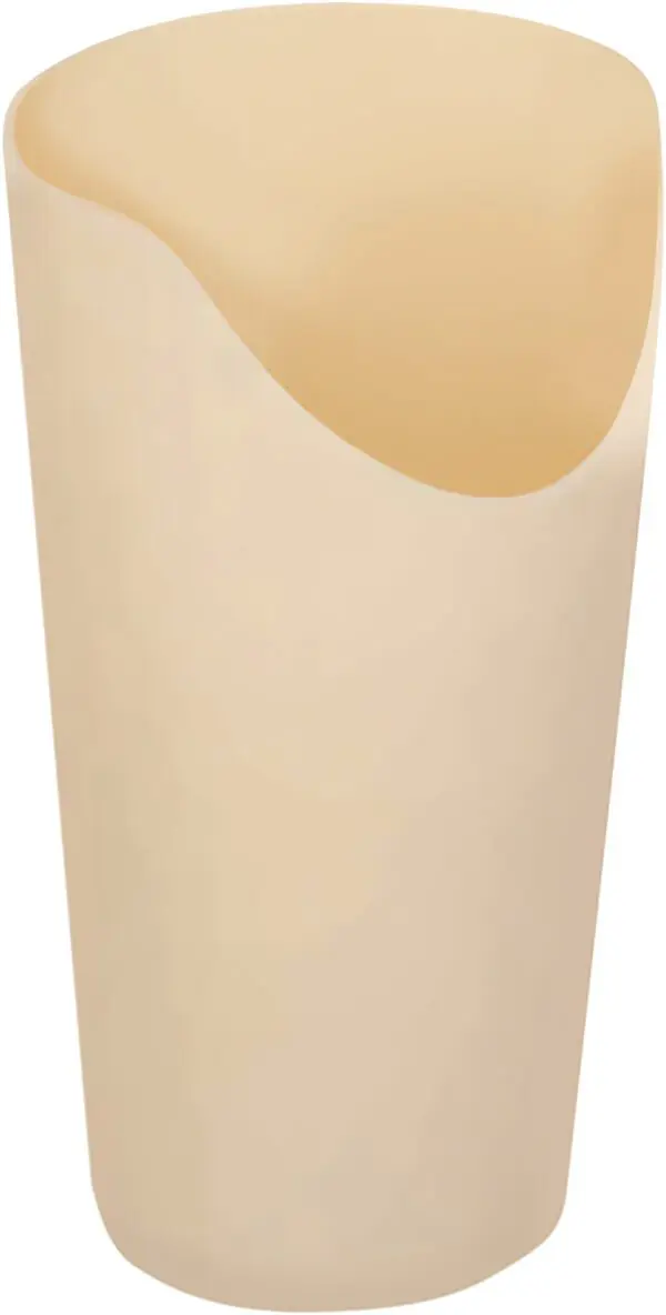 The Nose Cut Out Cup - Cream is a beige, smooth plastic cup with an asymmetrical, slanted rim, displayed against a white background.