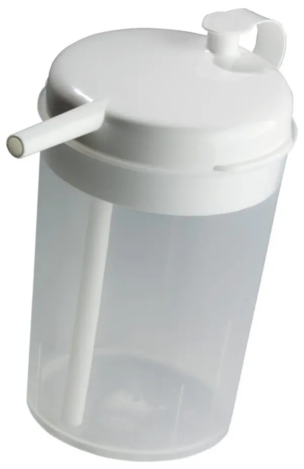 The Novo Cup is a clear plastic cup with a white lid and built-in straw, designed for easy drinking and commonly used in medical or care settings.