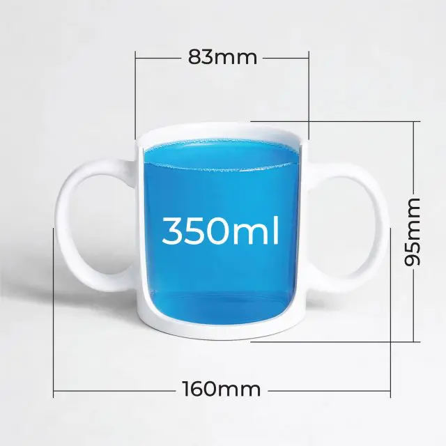White mug with two handles, filled with blue liquid labelled "350ml." Mug dimensions: 83mm width, 95mm height, 160mm length including handles.